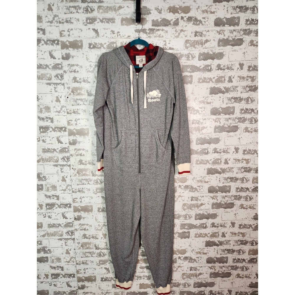Roots Cabin Jumpsuit Adult Medium Gray Fleece Hooded Pajamas Loungwear Cozy